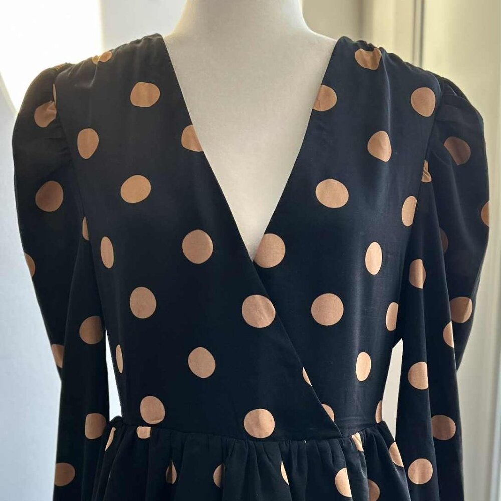 En Saison Black & Caramel Polka Dot Long-Sleeve Tiered Faux-Wrap Dress – US S